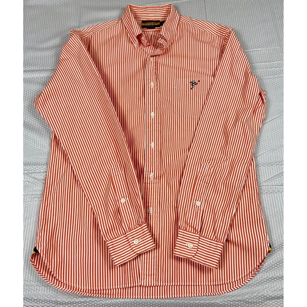 Ralph Lauren Rugby Shirt‎ Mens Medium Orange White Striped Long Sleeve Button Up - Picture 10 of 14